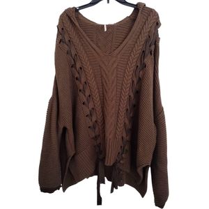 Free People Brown Lace Up Poncho Style Sweater With Hood Size XS/S
